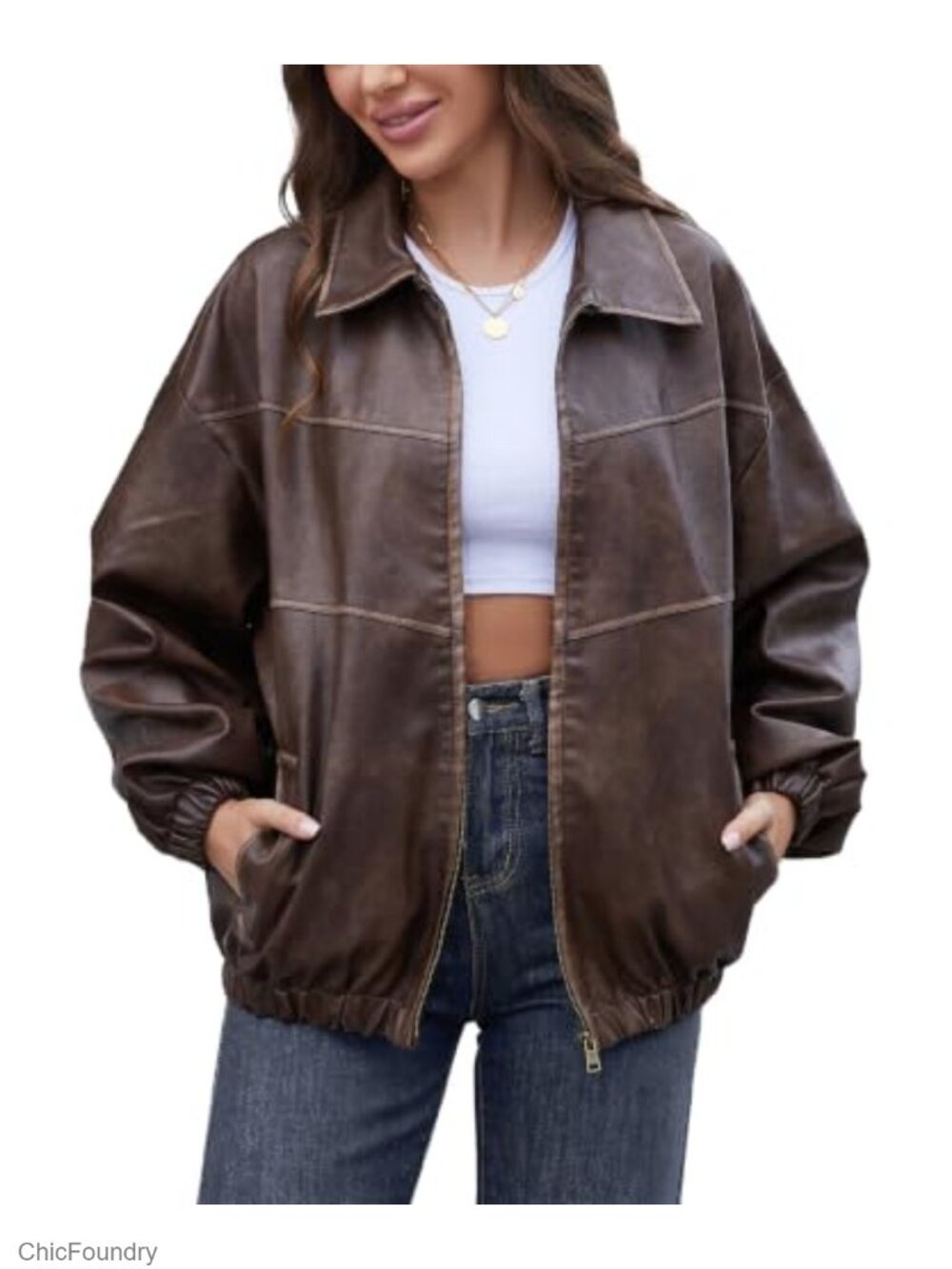 Women Oversized Y2K Faux Leather Motorcycle Jacket Vintage Distressed Punk